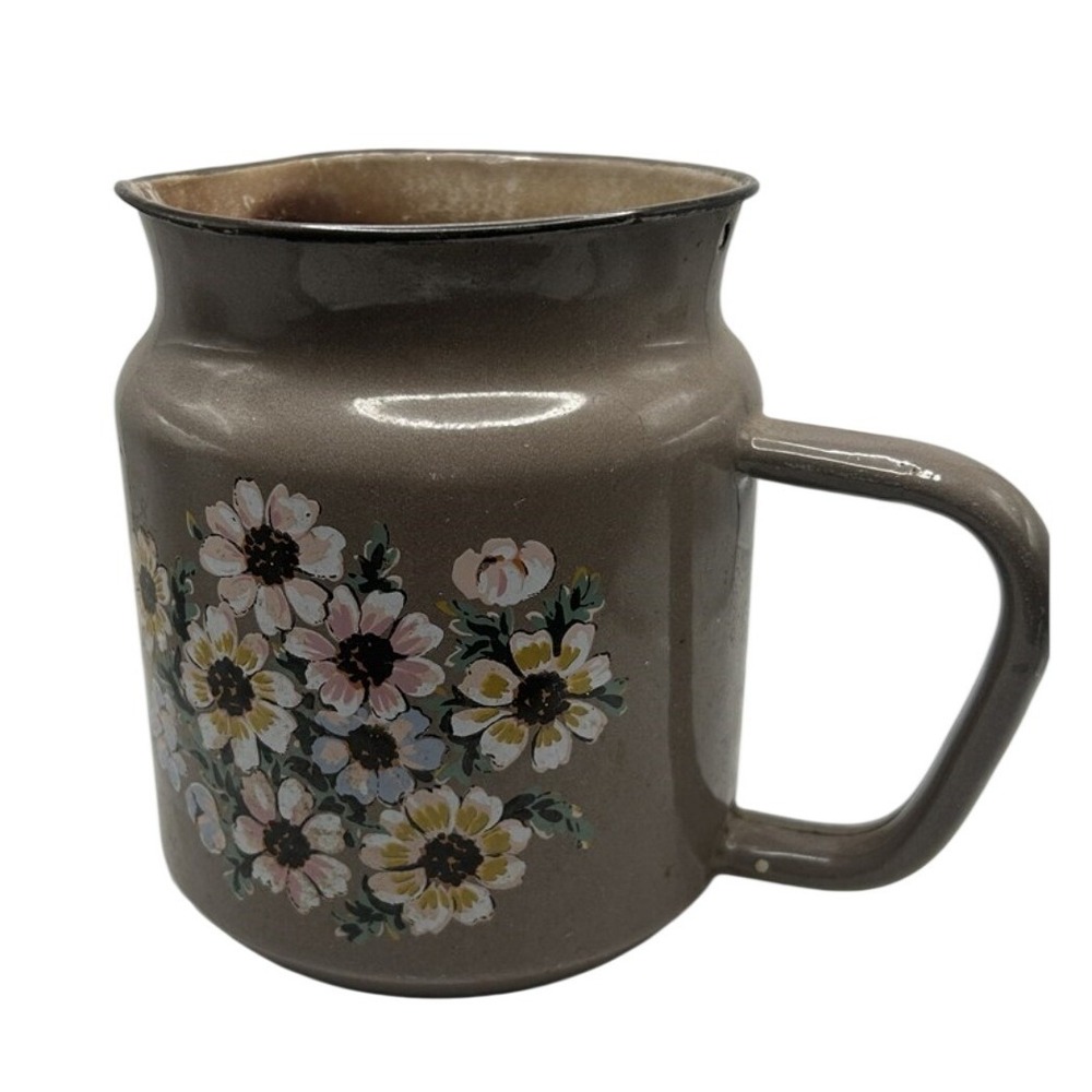 Vintage Brown Enamelware Floral Pitcher Cottagecore Farmhouse Decor 5 Inch Daisy